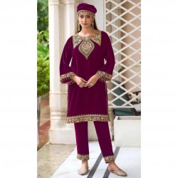  Lavish Velvet Kashmiri Tilla Embroidered kurta paired with a comfortable Pajama