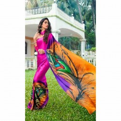                                                                                                                                                                 A Peacock  Hand Print Satin Silk With Stone Diamond Saree