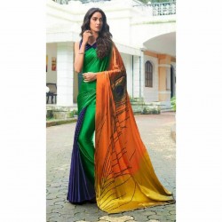                                                                                                                                                     A Peacock Hand Print Satin Silk With Stone Diamond Saree