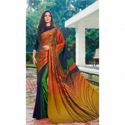                                                                                                               A Peacock Hand Print Satin Silk With Stone Diamond Saree